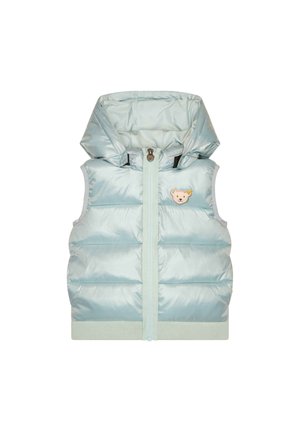 Light blue puffer vest with a hood, featuring a front zipper, ribbed hem, and a small bear patch on the chest. Smooth, shiny fabric.