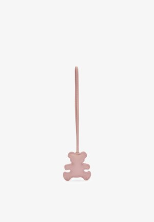 Kleiner rosa Lederanhänger in Bärenform mit langer Schlaufe zum Aufhängen oder Befestigen an Gegenständen.
