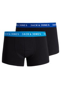 Schwarze Boxerbriefs mit kontrastierendem blauen elastischen Bund, auf dem das "JACK & JONES"-Logo in Weiß gedruckt ist. Weicher, dehnbarer Stoff.