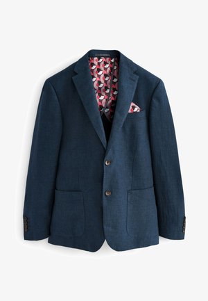 Blazer di lino blu navy con due tasche frontali, bottoni marroni e una fodera interna a fantasia rossa e rosa. Presenta una tasca sul petto.