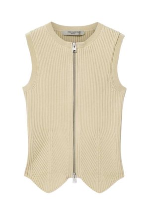 Beige gerippte Strickweste ohne Ärmel mit rundem Ausschnitt und silbernem Frontreißverschluss, Marke AllSaints, mit wellenförmigem Saumdetail.