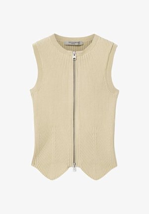 Beige gerippte Strickweste ohne Ärmel mit rundem Ausschnitt und silbernem Frontreißverschluss, Marke AllSaints, mit wellenförmigem Saumdetail.