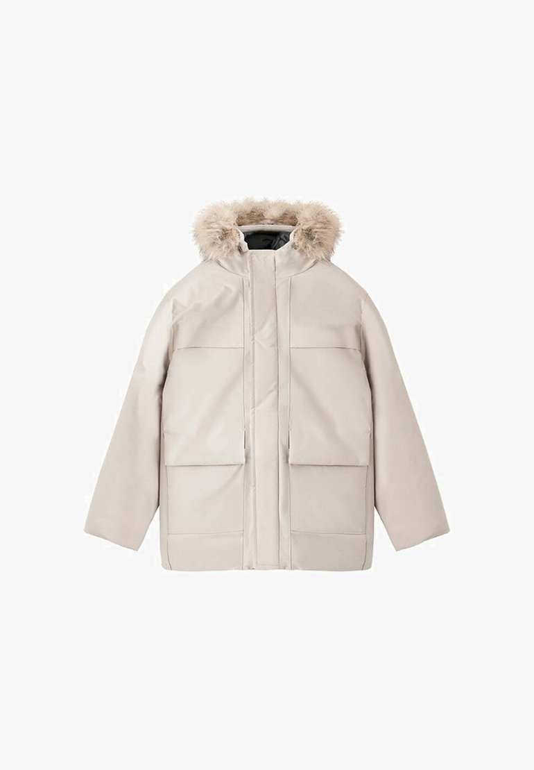 Beige parka jacket with a faux fur-lined hood, two large front pockets, and a smooth, water-resistant fabric finish.