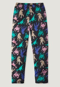 Schwarze Leggings mit einem sich wiederholenden Dinosaurier-Muster in Grüntönen, Blau, Pink und Beige. Der elastische Bund sorgt für einen bequemen Sitz.