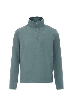 Lys grøn fleece-trøje med lynlås krave, lange ærmer og en blød tekstur, med en afslappet pasform og minimal detaljer.