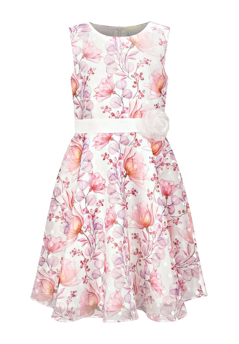 Valkoinen hihaton mekko, jossa vaaleanpunainen kukkakuosi, istuva yläosa ja vyötäröllä kangaskukalla koristeltu vyö. Liehuva hame.