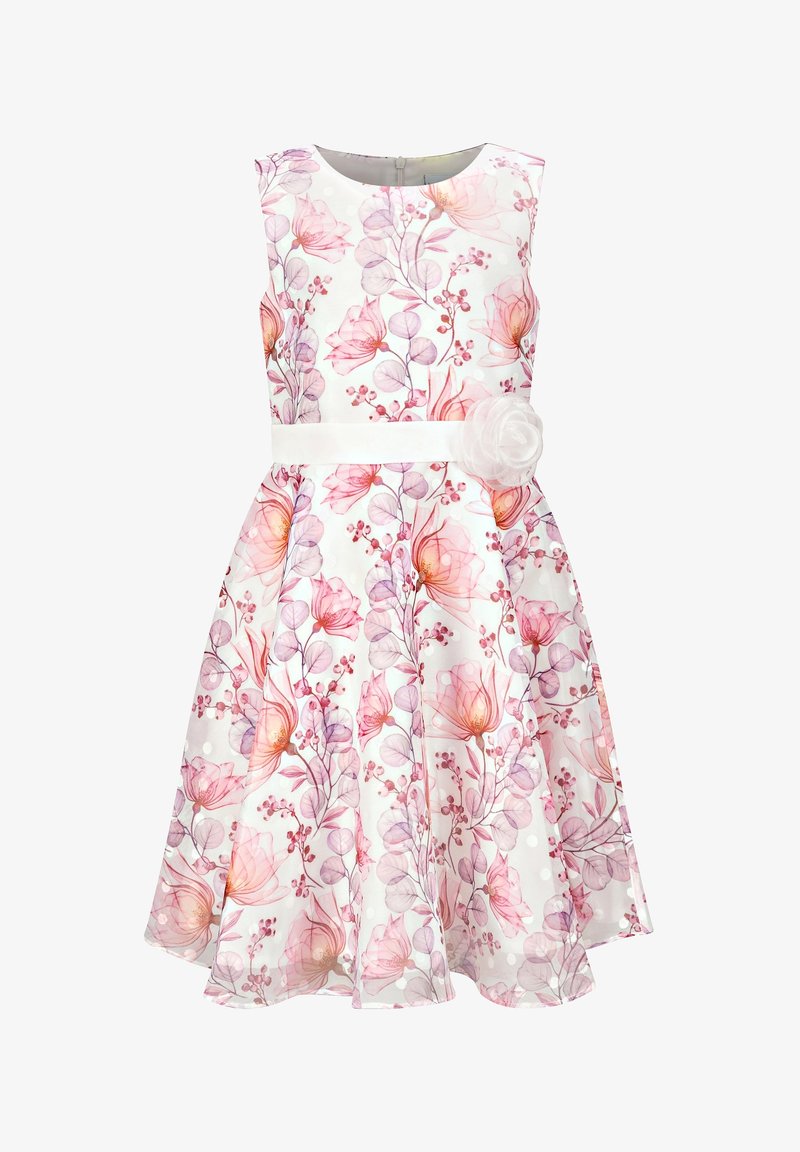 Vestido blanco sin mangas con un estampado floral en rosa, corsé ajustado y cinturilla con un adorno de flor de tela. Diseño de falda fluida.
