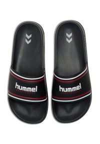 Black slide sandals made of synthetic material. Features a wide band with red and white stripes and "hummel" logo in white text.