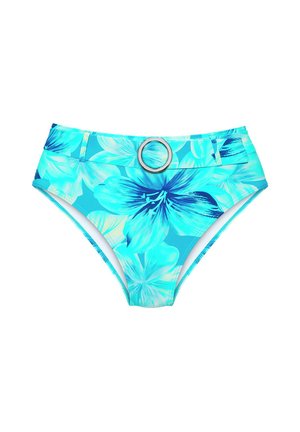 Blue high-waist bikini bottom with large tropical flower print and belt featuring a round silver buckle.
