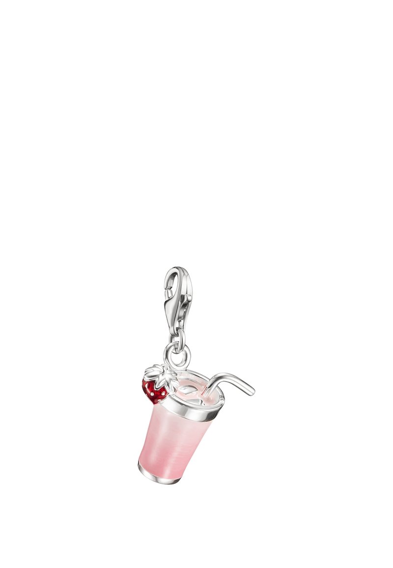 Silver charm shaped like a pink smoothie cup with a silver straw and a small red strawberry attached near the rim.