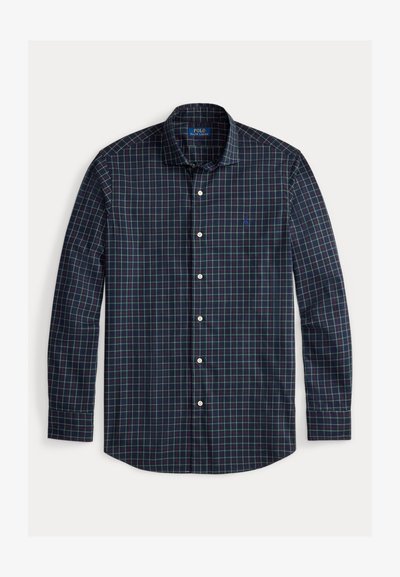 Camisa de botão de manga longa com padrão xadrez em azul-marinho, verde e vermelho e bordado do logótipo da Polo Ralph Lauren no peito.