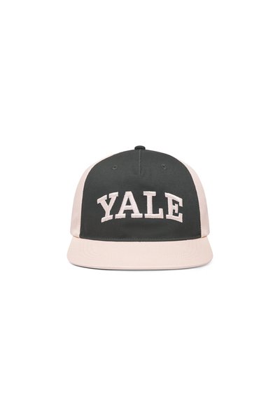 Casquette snapback noire et rose avec le mot "YALE" en relief brodé en blanc sur le devant et une visière plate. Tissu texturé.