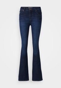 Dark blue flared jeans made of denim, featuring a classic five-pocket design, a front button closure, and subtle fading on the legs.