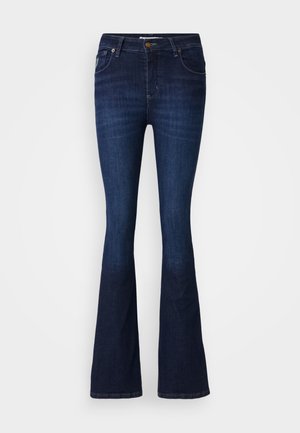 Ciemnoniebieskie jeansy w fasonie dzwonów, wykonane z denimu, z klasycznym pięciopocketowym designem, z przodem zapinanym na guzik oraz delikatnym wyblaknięciem na nogawkach.