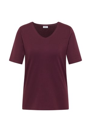 T-shirt à manches courtes pour femme, col en V, de couleur bordeaux foncé, design uni, étiquette "CECIL" à l'intérieur du col.