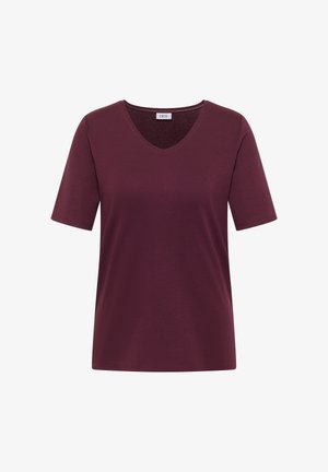 T-shirt à manches courtes pour femme, col en V, de couleur bordeaux foncé, design uni, étiquette "CECIL" à l'intérieur du col.