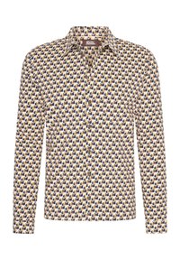 Lange mouwen blouse met knoopjes, gemaakt van stof met een herhaald ovaal patroon in donkerblauw en geel op een crèmekleurige achtergrond.