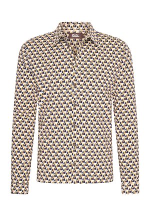 Chemise à manches longues avec boutons, fabriquée dans un tissu à motif ovale répété en bleu foncé et jaune sur un fond crème.
