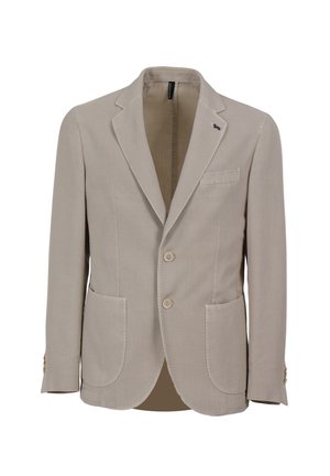 Bež jakna iz tkanega materiala. Ima zapiranje na dva gumba, zarezne lapel ovratnike in sprednje žepe. Na ovratniku se nahaja majhna oznaka.