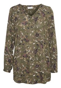 Langarm V-halsblouse in olijfgroen met een bloemenpatroon in crème, bordeauxrood en vleugen van bruin; lichte stof; relaxte pasvorm.