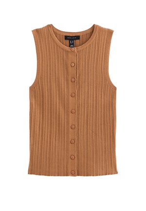 Mouwloos geribd gebreid shirt in camelbruin met een ronde halslijn en knoopsluiting aan de voorkant, maat UK 12, gemaakt in Bangladesh.