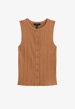 Mouwloos geribd gebreid shirt in camelbruin met een ronde halslijn en knoopsluiting aan de voorkant, maat UK 12, gemaakt in Bangladesh.