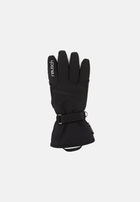 Schwarze Winterhandschuhe mit strukturiertem Außenmaterial, verstellbarem Riemen am Handgelenk und gesticktem Logo auf der Rückseite. Fünf-Finger-Design.