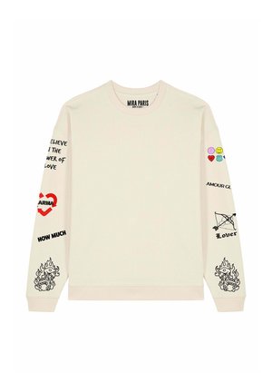 Felpa crema con maniche lunghe caratterizzata da grafiche colorate e testo su entrambe le maniche, inclusi cuori, faccine sorridenti e fiamme.