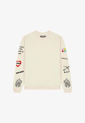 Felpa crema con maniche lunghe caratterizzata da grafiche colorate e testo su entrambe le maniche, inclusi cuori, faccine sorridenti e fiamme.