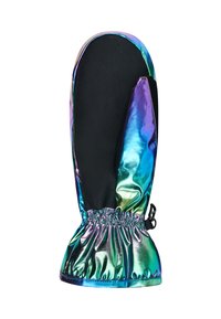 Multikleurige want met een glanzende, iriserende buitenkant en een palm van zwart leer. Voorzien van een elastische manchet en een verstelbare band voor een snug fit.