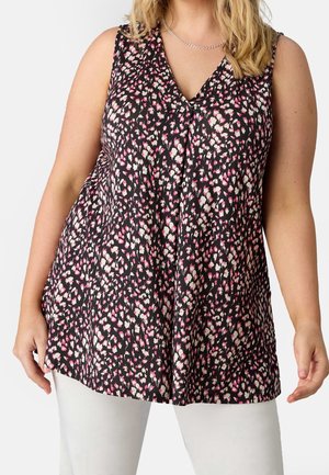 Top senza maniche nero con scollatura a V, caratterizzato da un motivo floreale rosa e bianco. Realizzato in tessuto leggero, offre una vestibilità ampia.