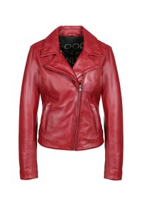 Červená kožená bunda s asymetrickým předním zipem, širokým límcem a dvěma bočními kapsami, vystavená na bílém pozadí.