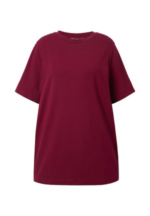 Bordeaux katoenen t-shirt, korte mouwen, ronde hals, relaxed fit, effen kleur, gladde textuur, geen patronen of versieringen.