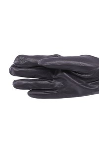 Guanto in pelle nera con una texture liscia, cinque dita e un accento floreale vicino al polso. Vestibilità classica e design semplice.