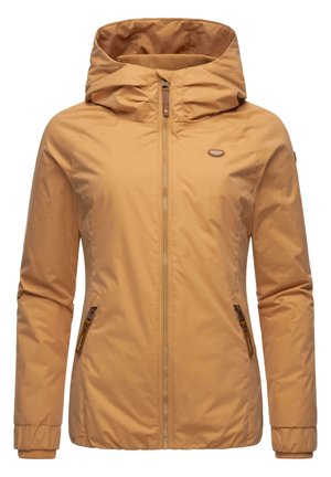 Tan hoodie met ritsluiting, zijzakken en elastische manchetten. Glad oppervlak met subtiele stikdetails en logo-accent.