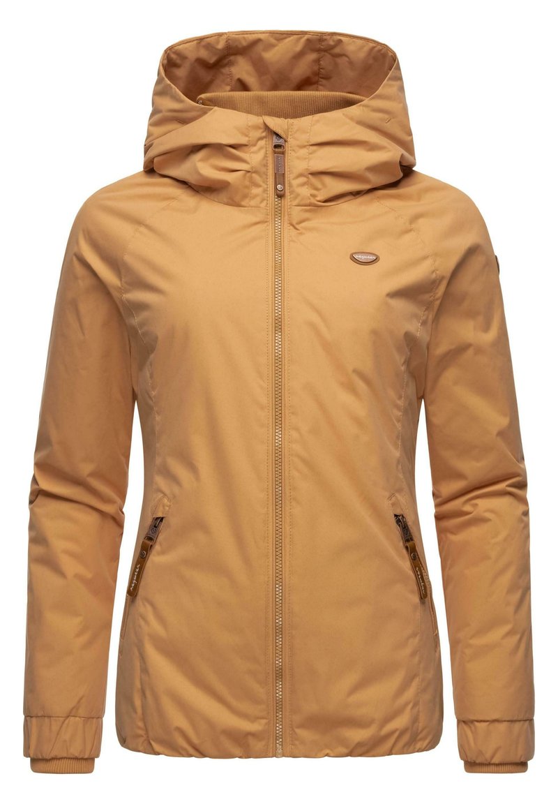 Tan hooded jacket with a zip closure, side pockets, and elastic cuffs. Smooth texture with subtle stitching details and logo accent.
