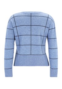 Hellblaue Sweater mit strukturiertem Strick, versehen mit schwarzen Gitterlinien, runder Ausschnitt und gerippten Manschetten und Saum. Rückansicht gezeigt.