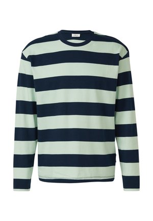 Koszulka z długim rękawem i okrągłym dekoltem, w szerokie poziome paski w kolorach granatowym i jasnym zielonym, wykonana z miękkiego materiału.