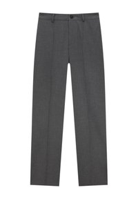Gray tailored pants made of a woven material, featuring a straight cut, two front pleats, and a single button closure at the waist.