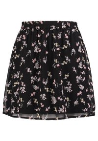 Jupe noire à motif floral, fabriquée en tissu léger, avec une taille élastique froncée et des motifs floraux multicolores tout au long.