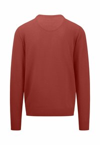Red, long-sleeve sweater made from soft knit fabric; features a round neckline and ribbed hem and cuffs. Clean back design without embellishments.