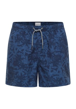 Marineblaue Badeshort mit einem strukturierten Blattmuster, elastischem Bund und Kordelzug. Hergestellt aus leichtem, schnell trocknendem Material.