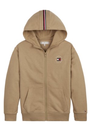 Beige Kapuzenjacke aus Baumwolle mit Frontlogo, zwei Seitentaschen, gerippten Bündchen und einem gestreiften Akzent an der Kapuze.