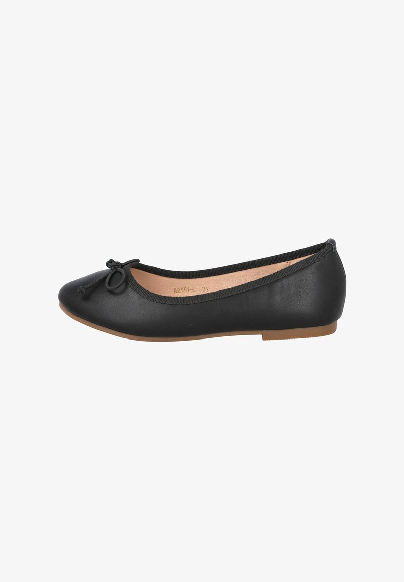 Bailarinas negras con punta redondeada y detalle de lazo. Fabricadas con material suave, con un perfil bajo y una plantilla suave de tono neutro.