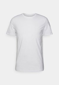 White short-sleeve t-shirt, round neckline, soft cotton material, classic fit, smooth texture, no patterns or accents.