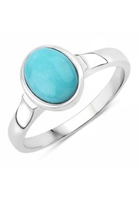 Bague en argent sterling avec une pierre en turquoise ovale, surface lisse, finition polie et un design de bande épuré.