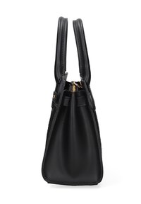 Borsa a mano in pelle nera con un design strutturato, doppi manici superiori e chiusura con zip. Texture liscia con accenti hardware minimi.