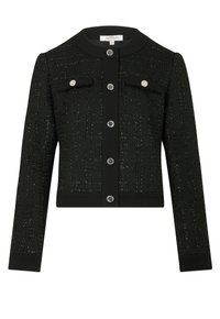 Svart kort jacka med texturerad tyg, prydd med silverknappar, två framfickor och rund krage.