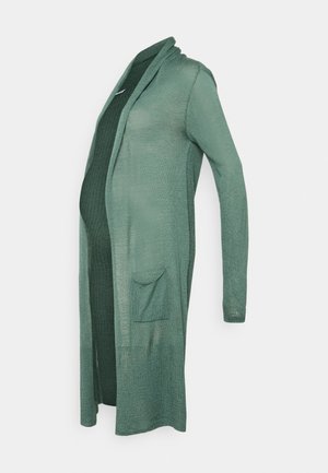 Long green open-front knitted cardigan with long sleeves and front pockets, displayed against a white background.