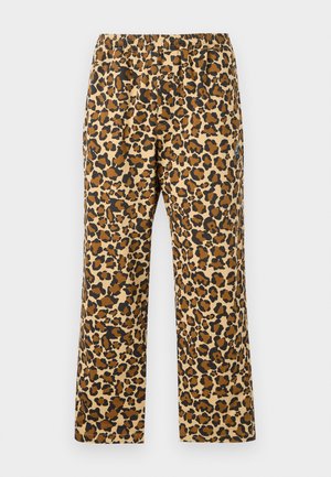 Pantalons en imprimé léopard dans des teintes de beige, marron et noir. Dotés d'une taille élastique et d'un design décontracté à jambe droite. Tissu léger.